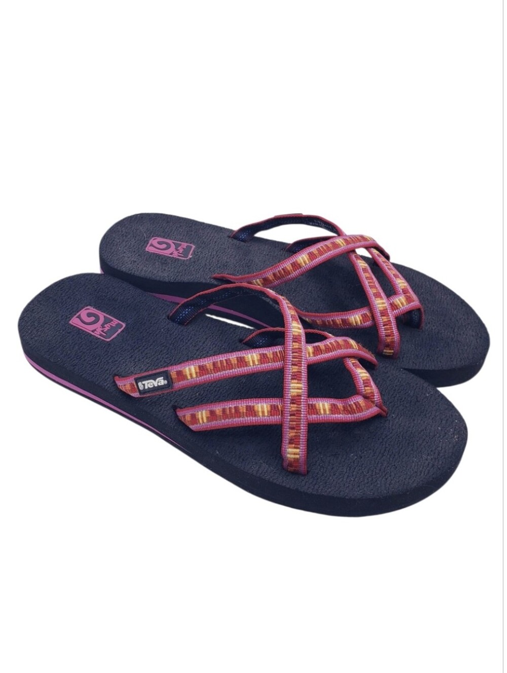 Teva Olowahu Black & Pink Slip On Thong Sandals Mush Topsole Women's Size 9